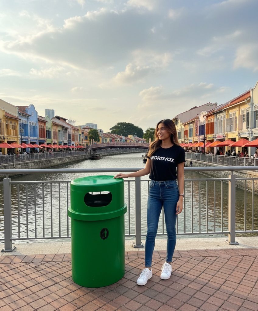 Model with PTL150 Street litter bin in Clarke Quay Singapore 