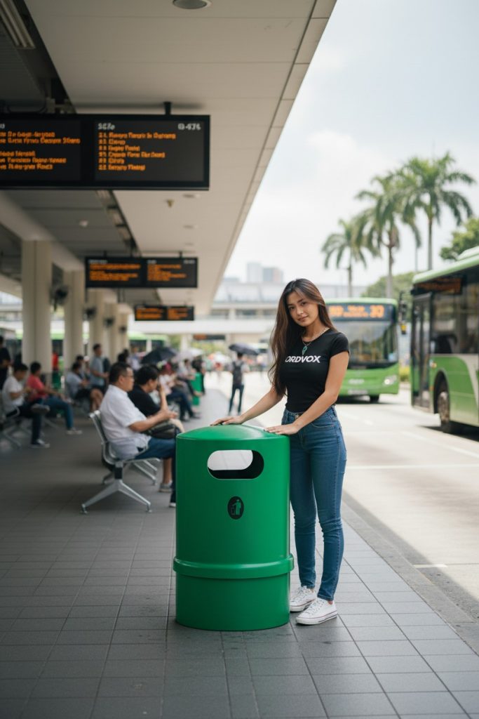 Woman standing next to Street litter bin in Singapore. Waste Bin by NORDVOX