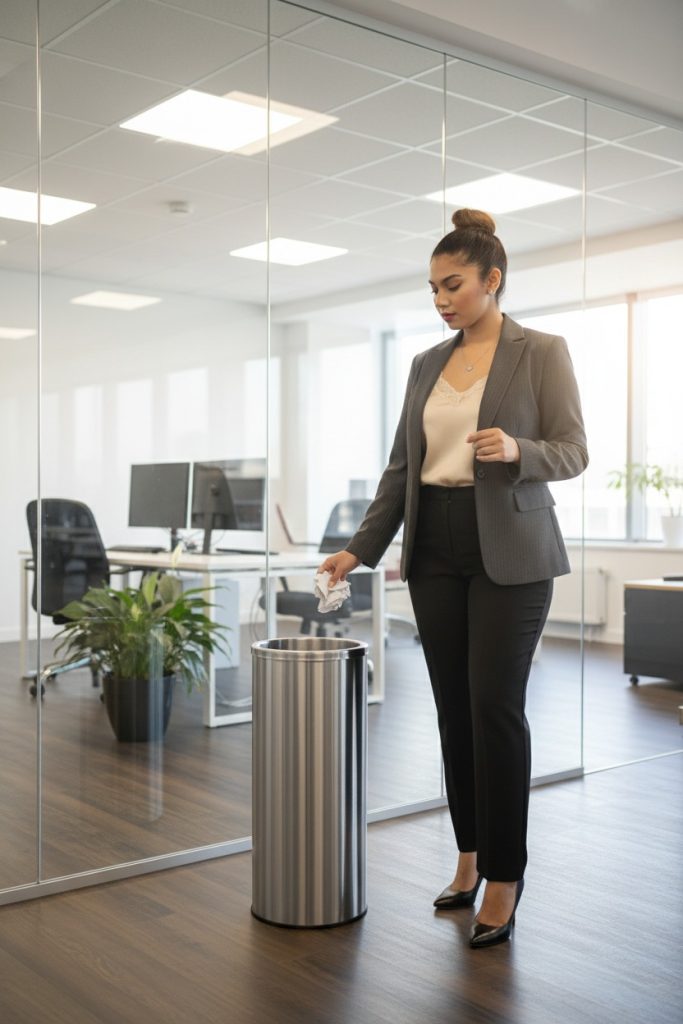 Lady in office with Round Stainless Steel Bin Waste Bin