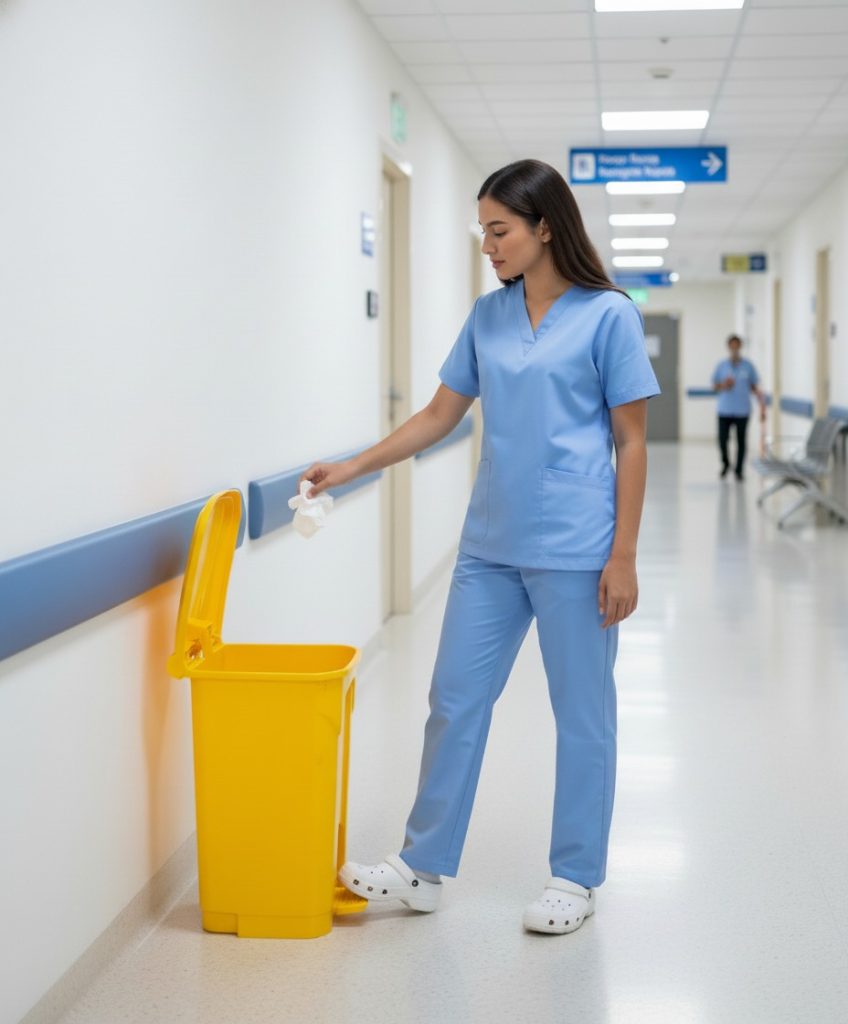 Nurse stepping on a foot operated Medical Waste Bin in a hospital