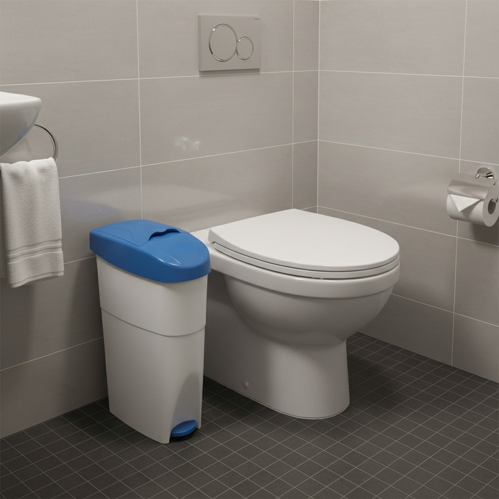 Sanitary waste Bin next to a toilet in a hotel