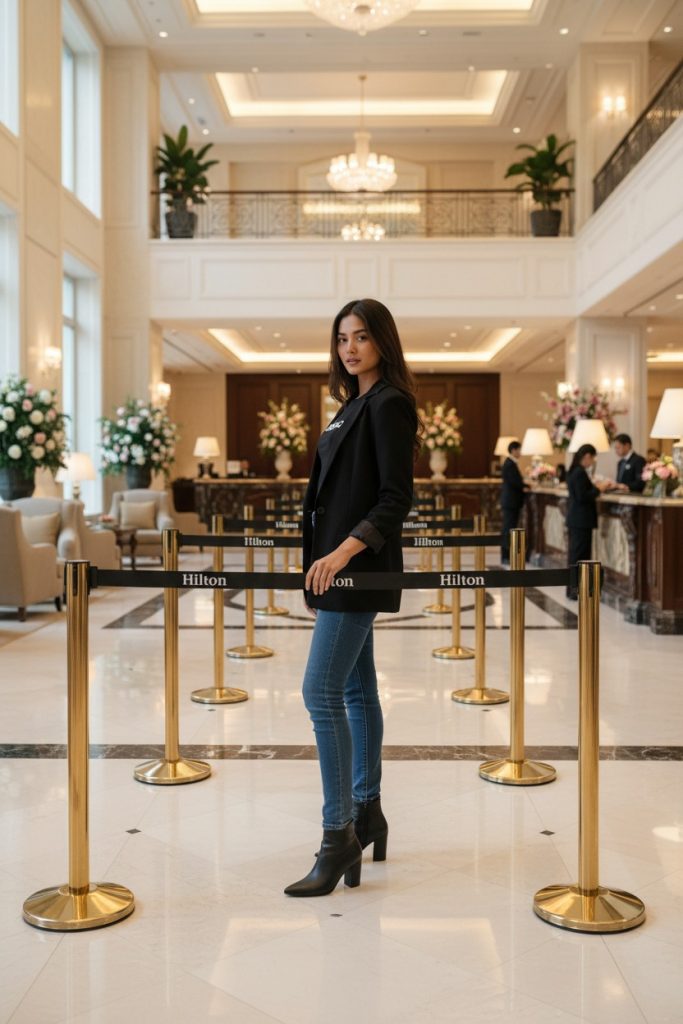 Woman standing next to Gold finished Stainless Steel Queue Up Stand (Q-up stand) with retractable belt
