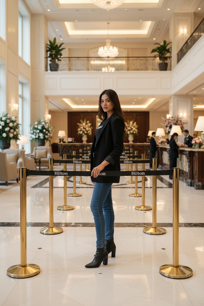 Woman standing next to Gold finished Stainless Steel Queue Up Stand (Q-up stand) with retractable belt 