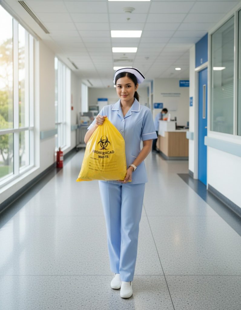 Nurse holding a biohazard waste bag or clinical plastic bag