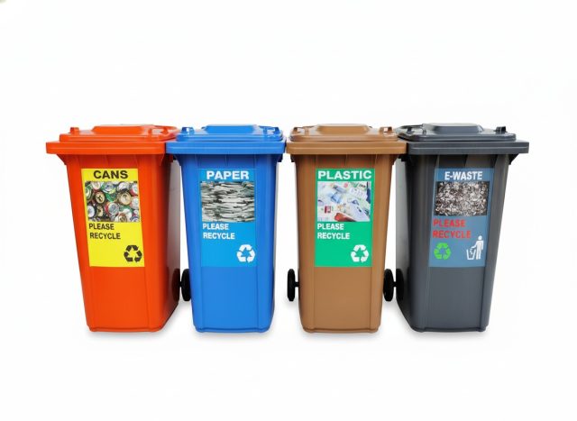 Recycling Bins In Malaysia, show different coloured recycling bins