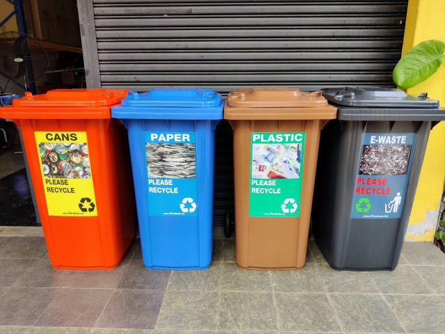 Recycling Bins In Malaysia, show different coloured recycling bins