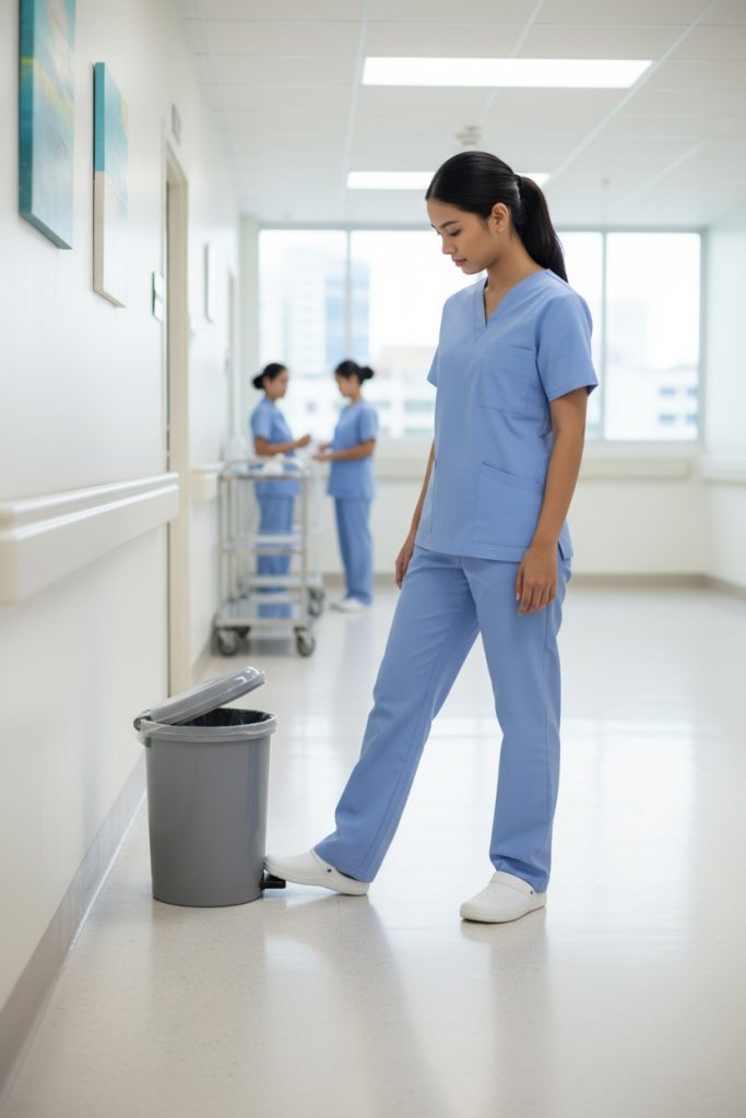 Grey Plastic Round Pedal Bin being used in a hospital 