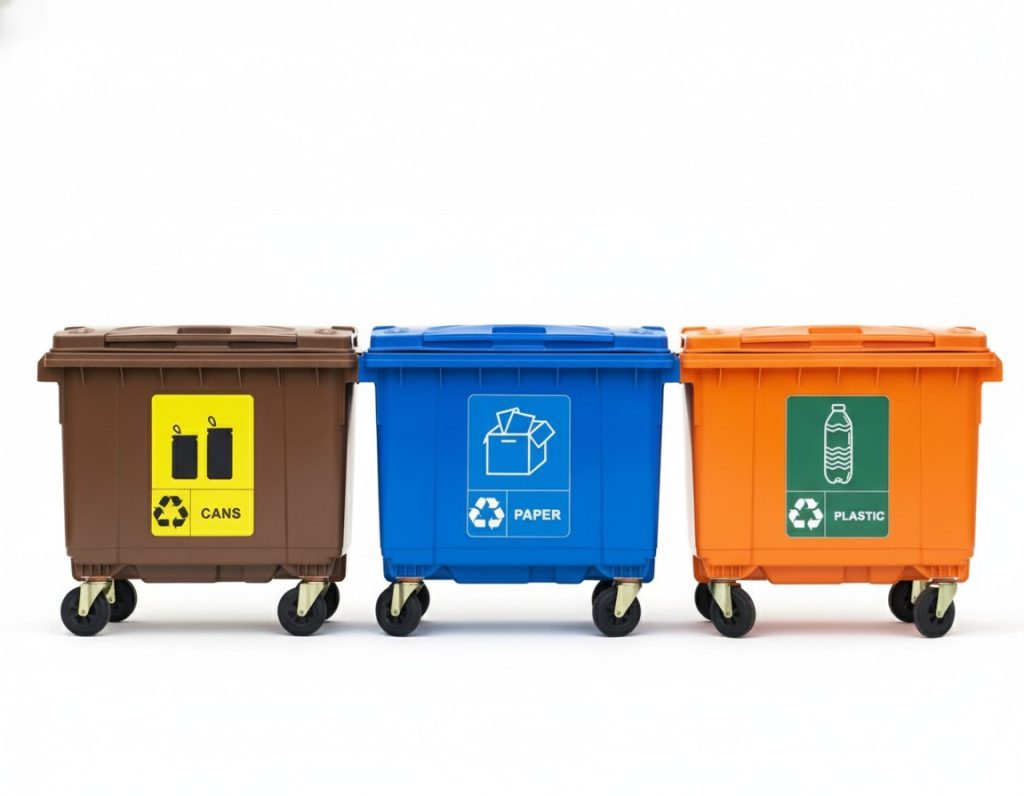 NORDVOX MGB660R 660L recycling bin set in blue, brown and orange — four-wheel HDPE recycling bins, Malaysia