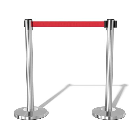 Chrome retractable belt stanchions with red barrier for crowd control, queue management, and line dividers in events and public spaces