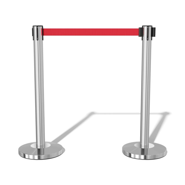 Chrome retractable belt stanchions with red barrier for crowd control, queue management, and line dividers in events and public spaces