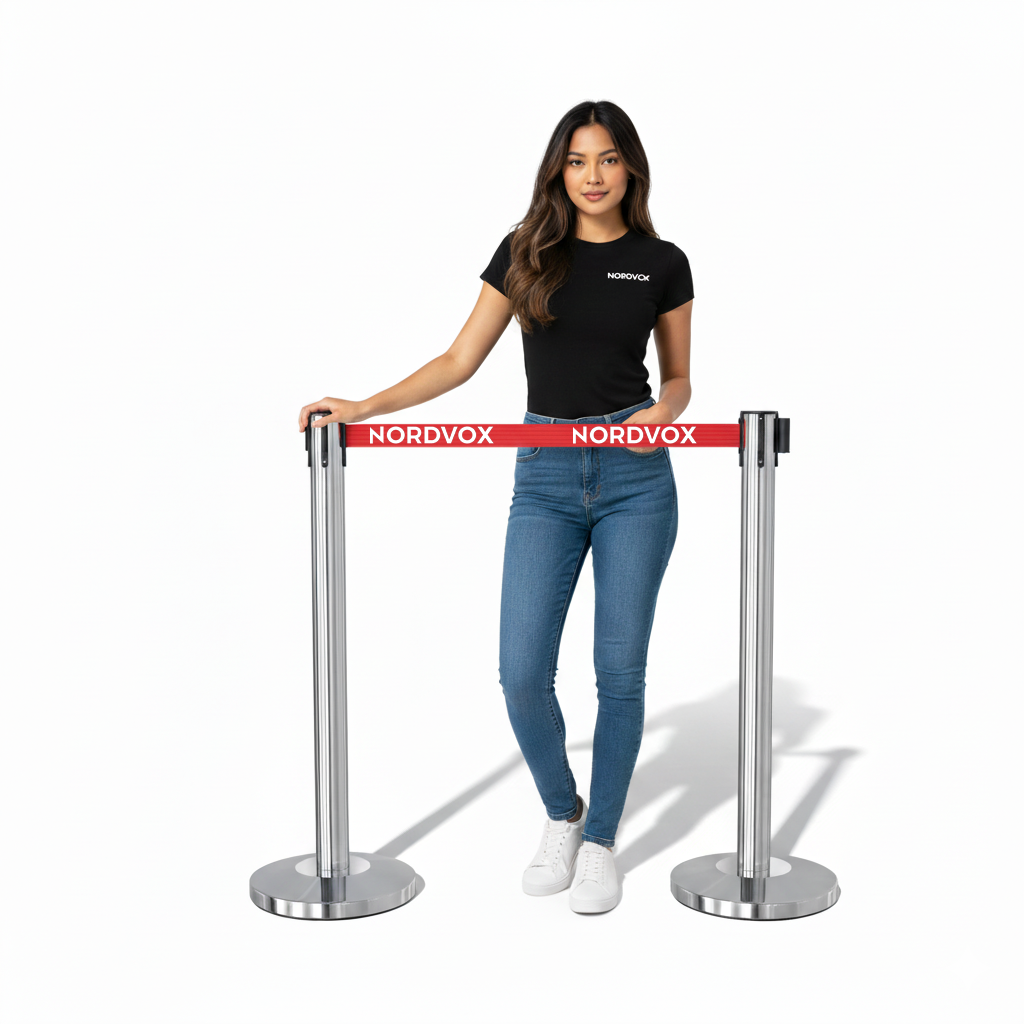 woman standing behind a stainless steel queue up stand stanchion with red retractable belt with custom logo.
