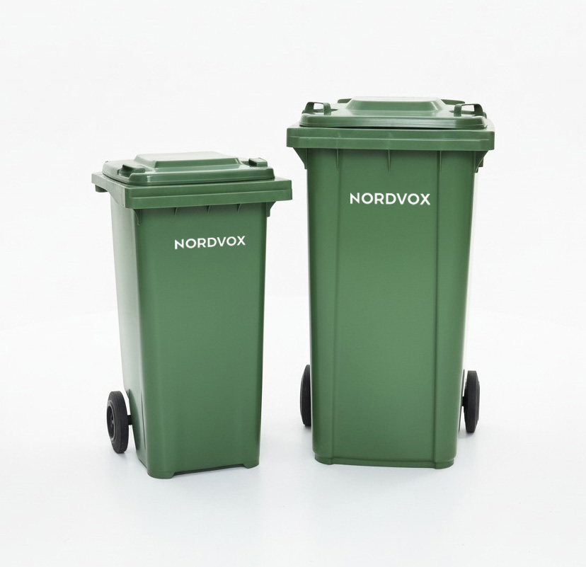 Two-wheeled NORDVOX MGB120 and MGB240 green wheelie bins side-by-side