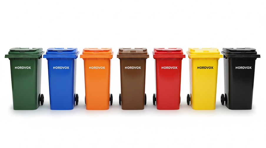 MGB20 Two Wheel Bin in All ColoursMGB240 Green Yellow Blue Orange Brown Red Brown Black Nordvox Two Wheel Bin Wheelie bins