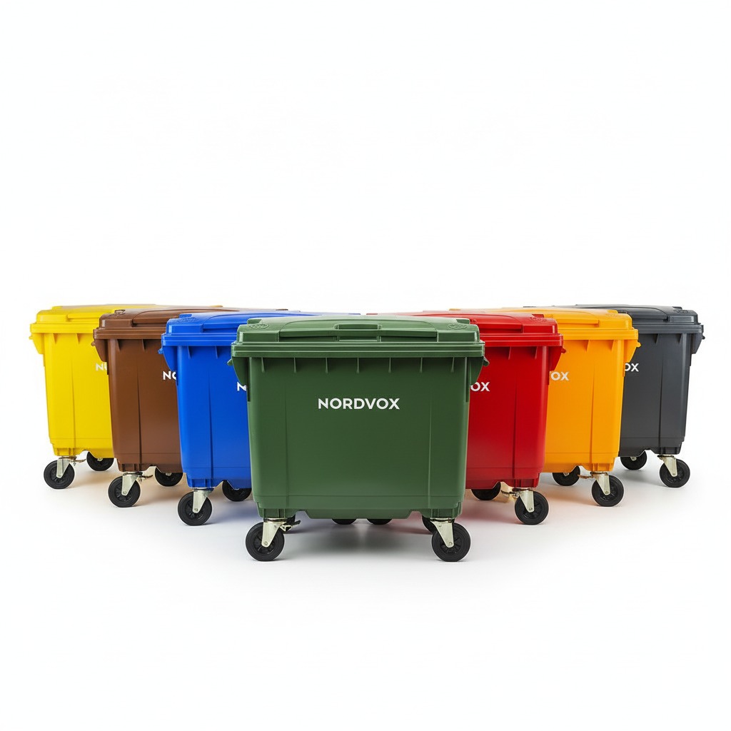 A collection of MGB660 Four Wheel Bins in Green, Blue, Orange, Yellow, Brown, and dark grey