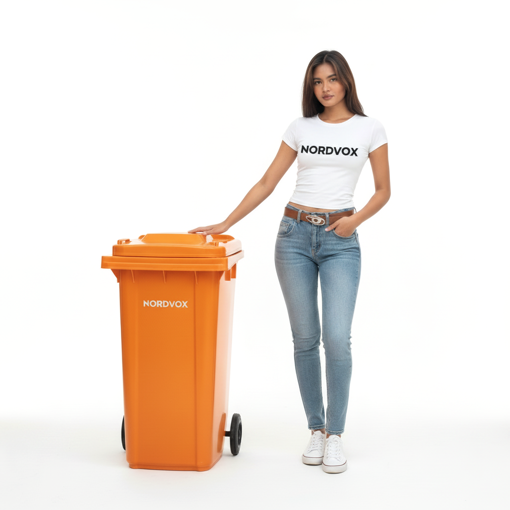 MGB120 Two Wheel Bin in Orange colour with a model posing 