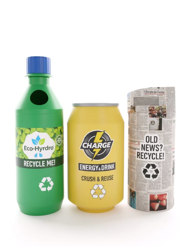 Recycling Bins Bottle Cans Paper with Artwork