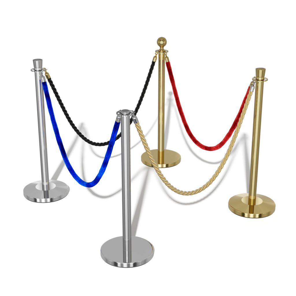 Velvet and Twisted ropes on multiple queue up stands.