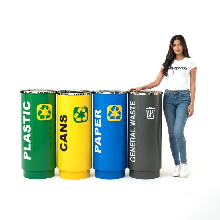 Recycling Bin Set with different colours, Green, Yellow, Blue and Grey. Plastic, Cans, Paper and General Waste. 3R Tong Kitar Semula Malaysia