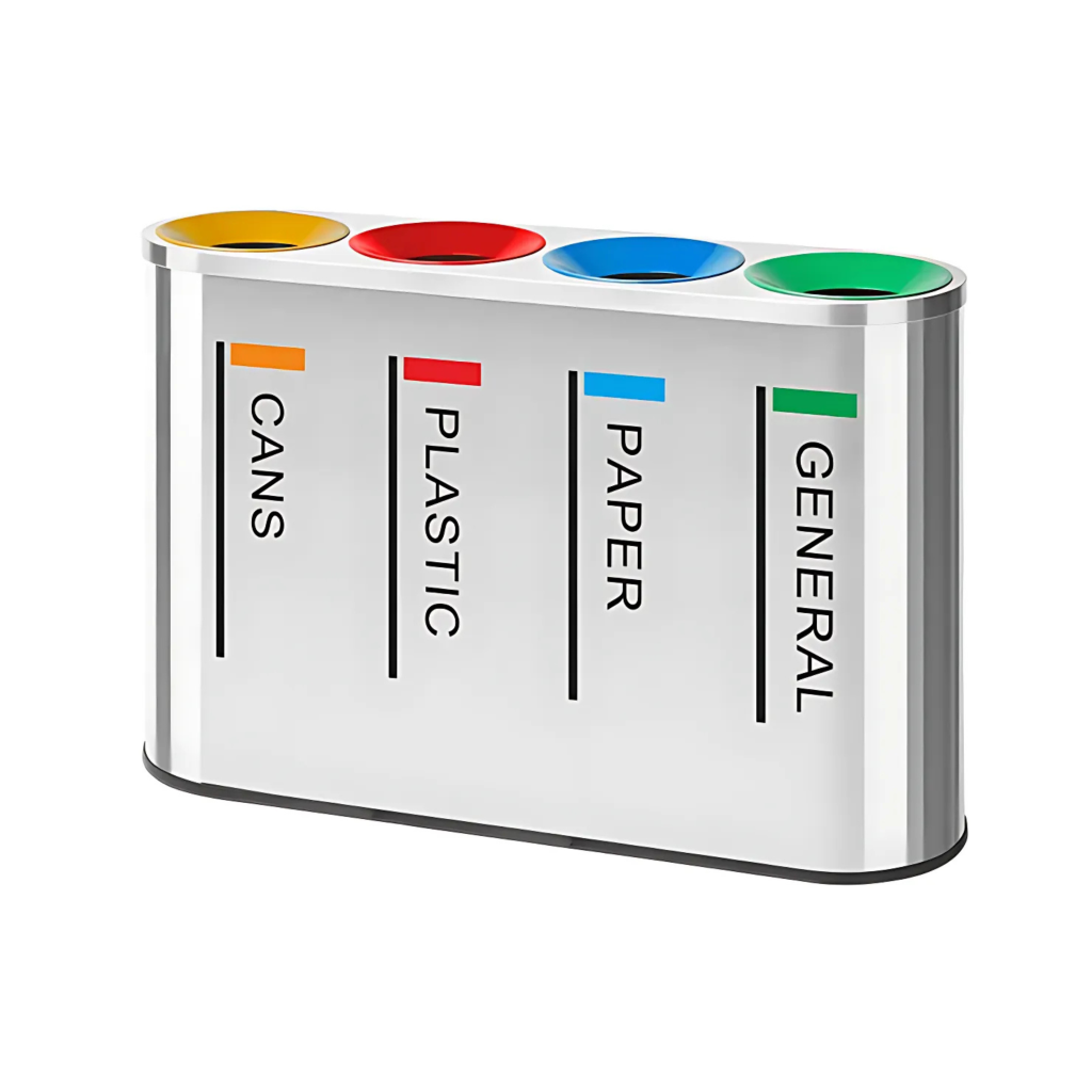 Stainless steel recycling waste bin with 4 compartments for Cans, Plastic, Paper and General Waste 