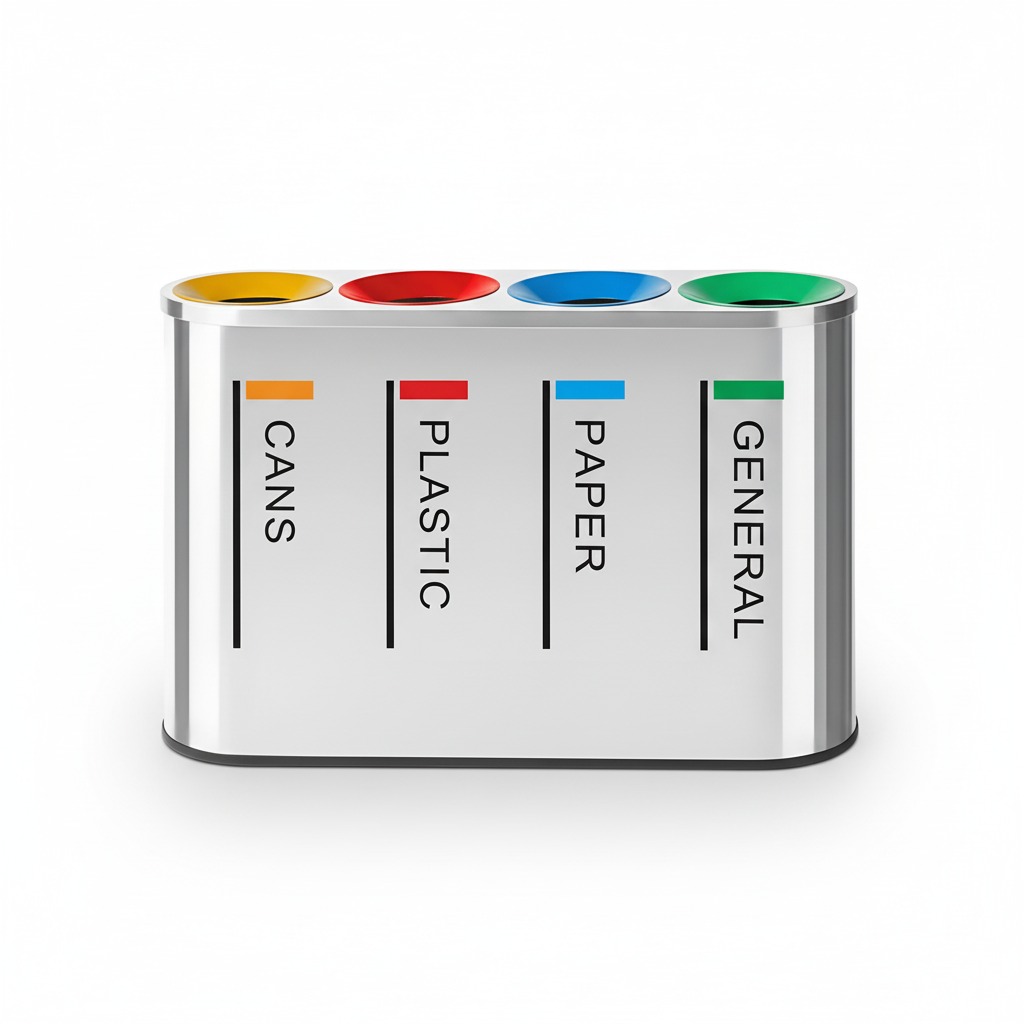 Stainless Steel Recycling Bin with 4 compartments. plastic paper cans general waste