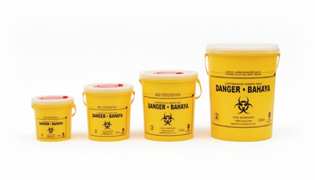 Medical and clinical sharp bins in various sizes all in yellow with biohazard logos. Malaysia NORDVOX