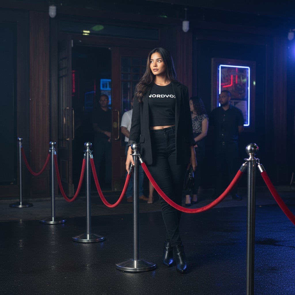 Woman standing next to stanchion or queue up stand with red velvet rope at a club at night. NORDVOX