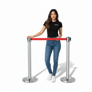 Woman with red belt queue up stand