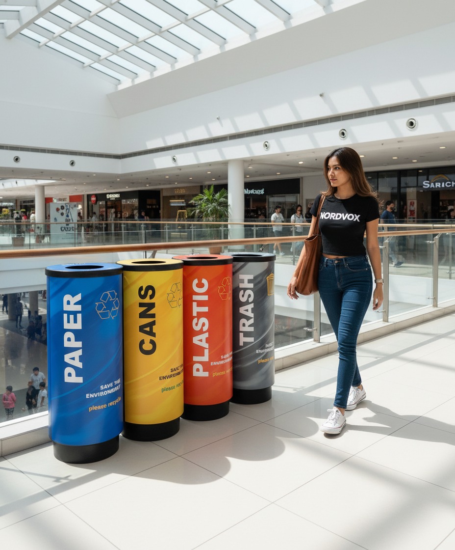 Woman walking passed elegant recycling bins in a mall