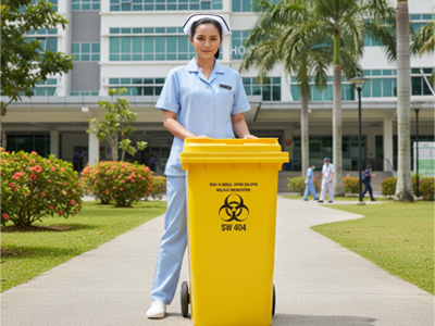 Clinical Waste Bin Solutions Malaysia a woman standing in front of a yellow biohazard waste bin