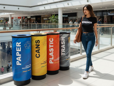 Woman walking passed elegant recycling bins in a mall
