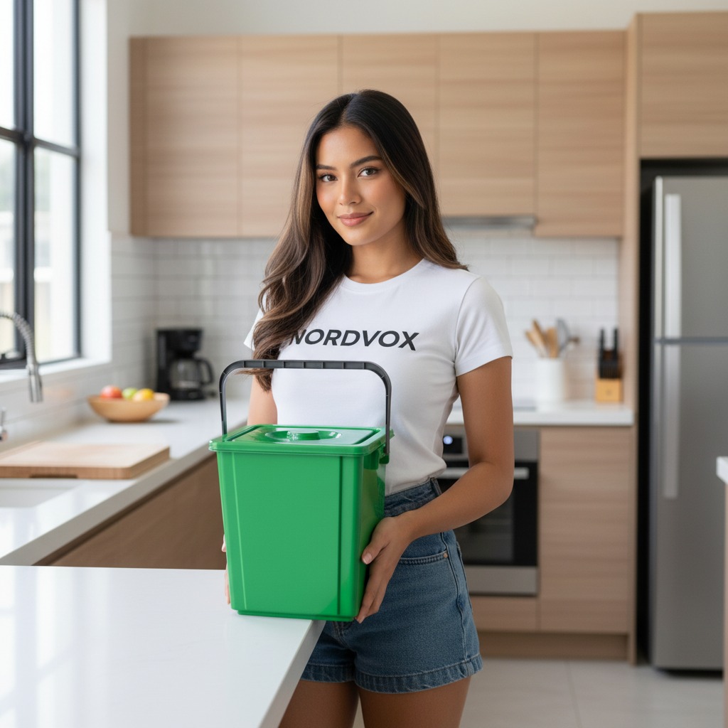 Woman holding a food waste bin NORDVOX