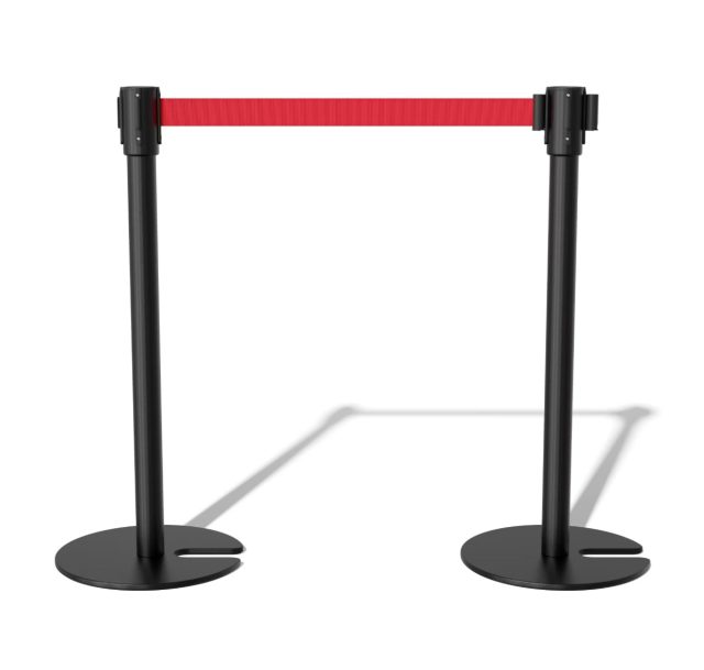 Black U shaped based Queue up stand with custom belt colours
