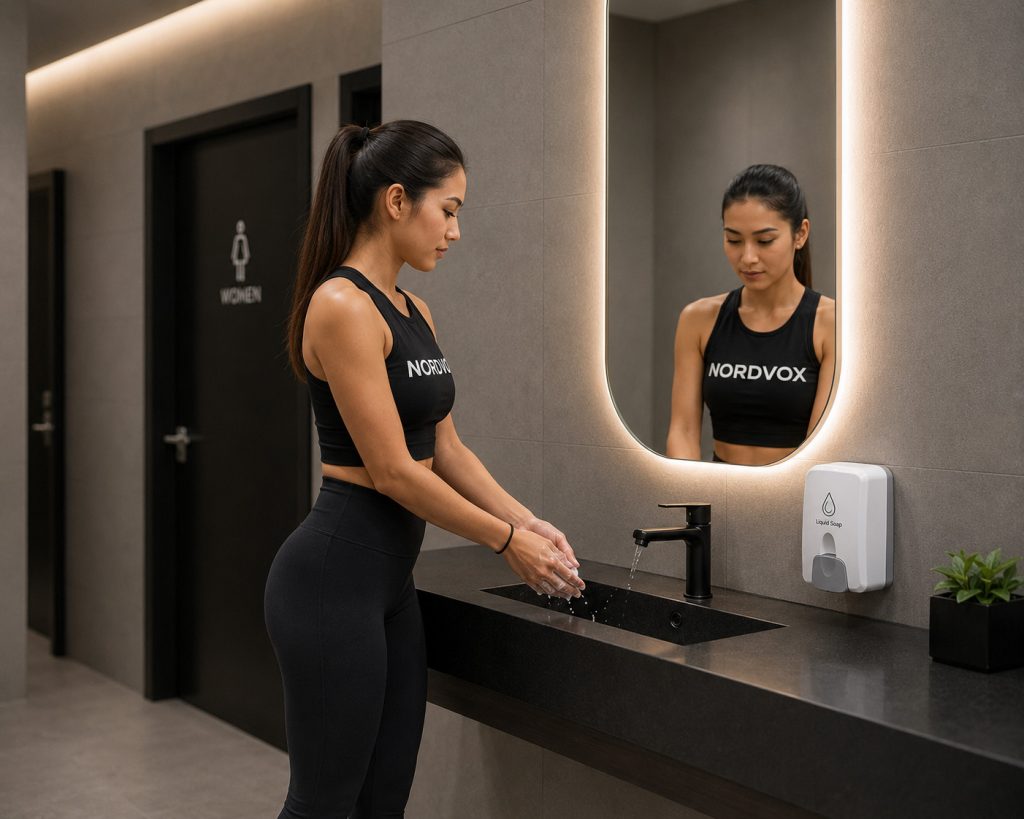 A lady using a hand soap dispenser in Malaysia by NORDVOX