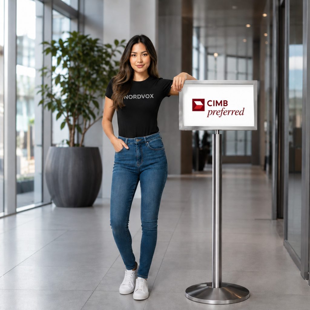 A woman standing next to a Stainless steel display stand supplied by NORDVOX with CIMB wording