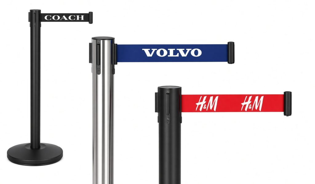 Custom printing on queue up stand belts with logo and colour choices by NORDVOX