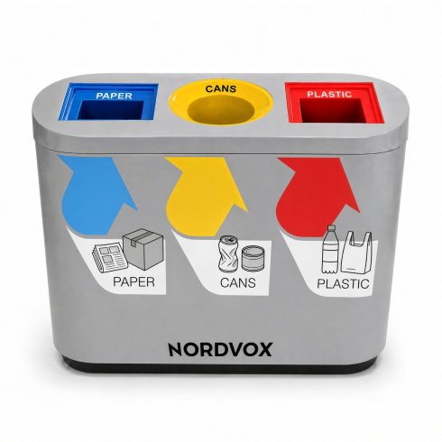 GR1900 Trio 3-in-1 recycling bin from NORDVOX — slanted top FRP recycling station with paper, cans and plastic apertures